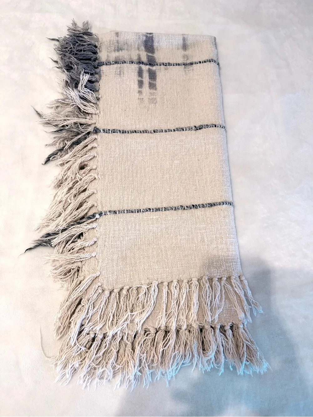 Indaba Indigo Shibori Cotton Throw Blanket Cream Grey Boho Fringe 50x55 Artisan